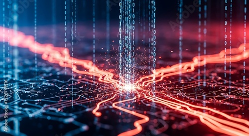 Data streams converge on a city, creating a vibrant network of digital information flow.
