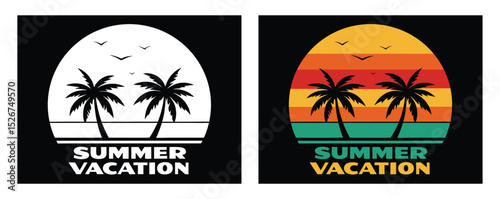 Retro Summer Vacation Design, Palm Tree Sunset Beach Art,  Summer Vibes Graphic, Colorful Retro Holiday Silhouette. Minimalist Summer Vacation Sunset, Vintage Beach Silhouette Art, Retro Sunset