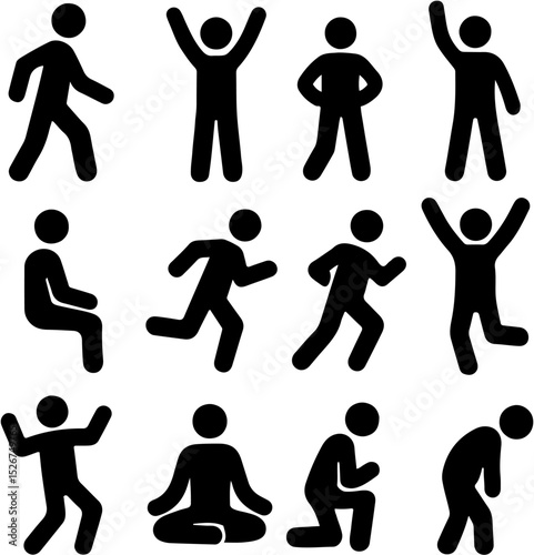 Human Stick Figure Icon Set – Various Body Poses and Actions
