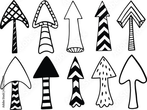 Collection of ten hand drawn arrow illustrations in different styles and patterns pointing upwards in black and white