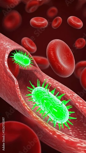 Microscopic parasites drift into a flowing bloodstream in a 3D medical animation — a detailed and seamless loop illustrating infection and bio-invasion.