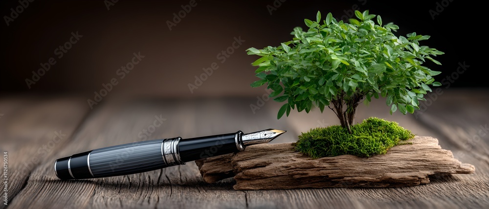 Fototapeta premium Elegant Fountain Pen and Lush Green Bonsai Tree on Rustic Wooden Tabletop