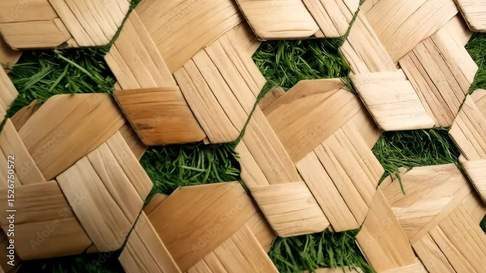 Abstract woven straw pattern with green grass texture creating a decorative hexagon design for graphic resources.