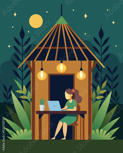 The bamboo walls of the bungalow are adorned with string lights creating a whimsical workspace for a blogger creating content on their laptop.. Vector illustration