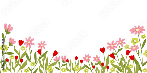 Horizontal backdrop with simple pink and red flowers on white. Vector illustration