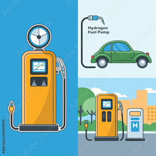 vector icons to vehicle fueling and charging a gasoline pump, an electric vehicle plug hydrogen mole
