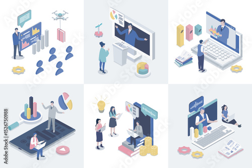 Business training 3d isometry concept for web design. Collection set with isometric people learning at conference, listening job coaching and consulting lectures, video seminars. Vector illustration.