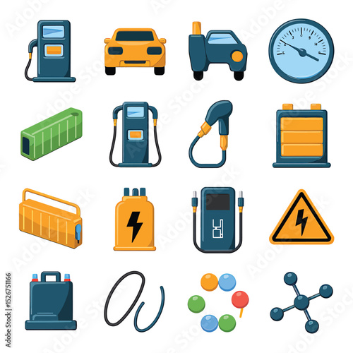 vector icons to vehicle fueling and charging a gasoline pump, an electric vehicle plug hydrogen mole
