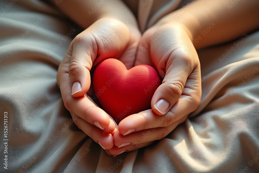 Obraz premium Gentle hands cradle a vibrant red heart