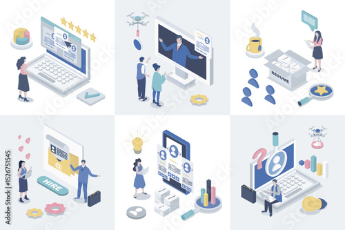 HR process 3d isometry concept for web design. Collection set with isometric people looking candidates for hiring, making job interview at vacancy, searching best online resume. Vector illustration.