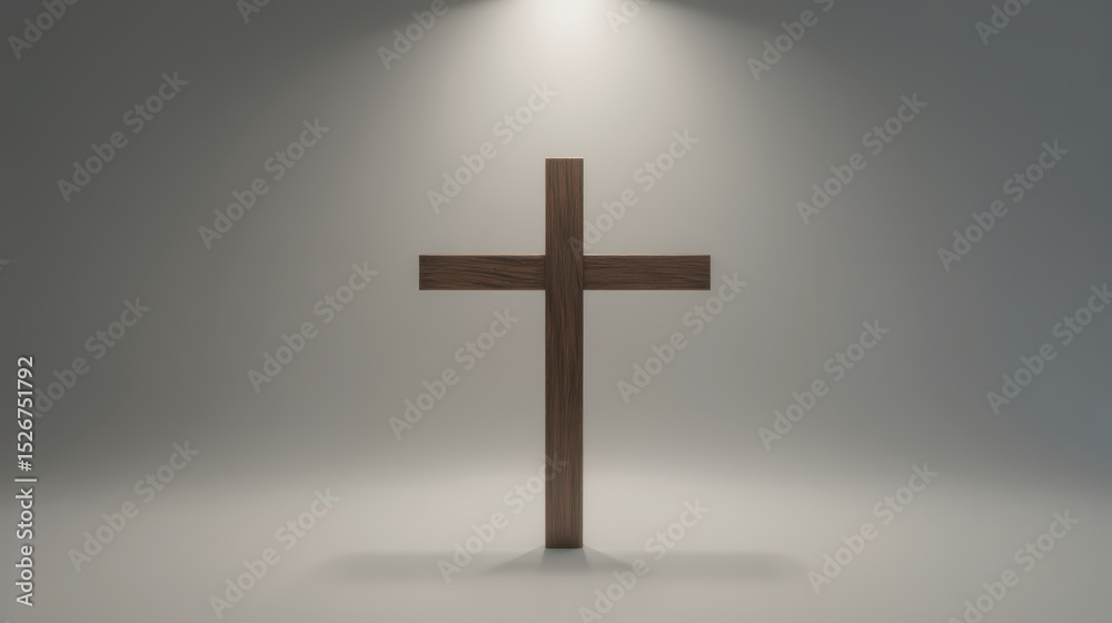 Naklejka premium Wooden cross illuminated by soft light creates serene and spiritual atmosphere. This symbolizes faith and hope, inviting reflection