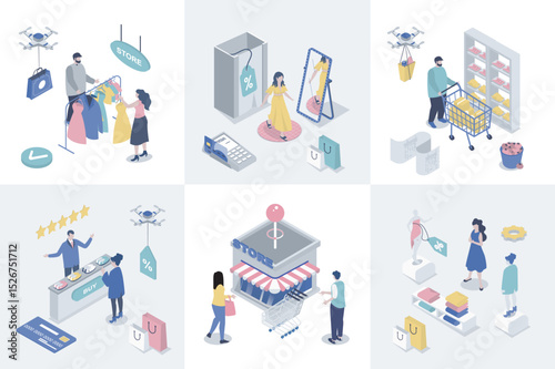 Shopping 3d isometry concept for web design. Collection set with isometric people buying new clothes in retail stores and shops, buying products in supermarket, pay credit card. Vector illustration.