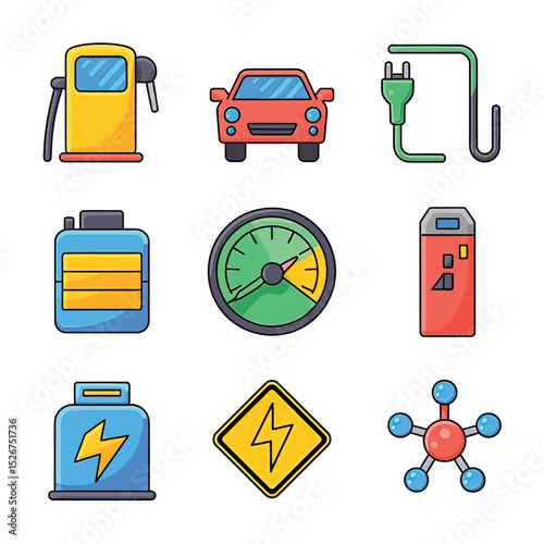 vector icons to vehicle fueling and charging a gasoline pump, an electric vehicle plug hydrogen mole
