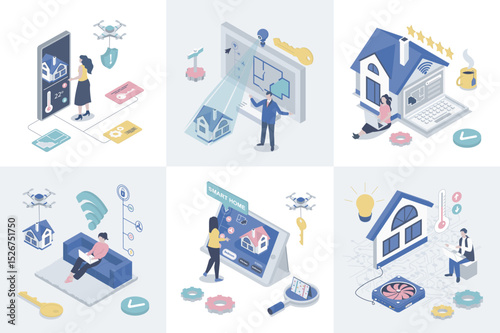 Smart home 3d isometry concept for web design. Collection set with isometric people monitoring surveillance security system, wireless connection with different sensors in house. Vector illustration.