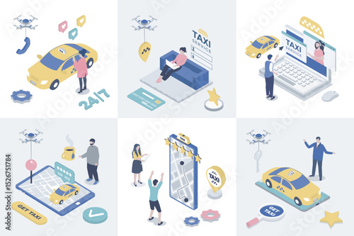 Taxi service 3d isometry concept for web design. Collection set with isometric people booking car online, tracking traffic and map navigation in app, call for ordering transfer. Vector illustration.