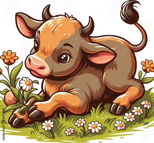 a vector illustration baby bull cow playing moment