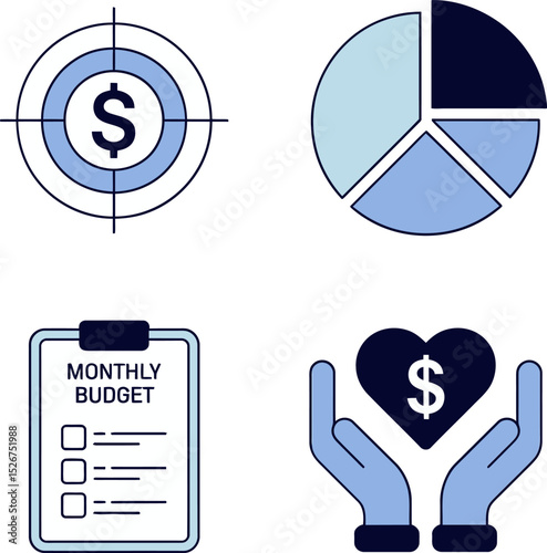 Modern savings management icons. Dollar value, pie chart analysis, monthly budget papers and budget goal holders  