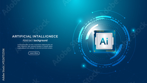 3D AI processor chipset on a dark blue background. Future cybernetic artificial intelligence and AI Chips with neon light. Big data and deep learning technology concept. Vector illustration.