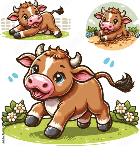 a vector illustration baby bull cow playing moment