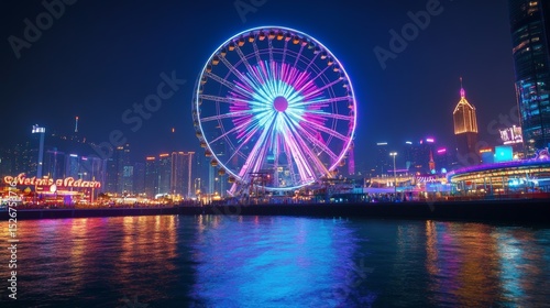 a huge ferris wheel in amusement park in the night