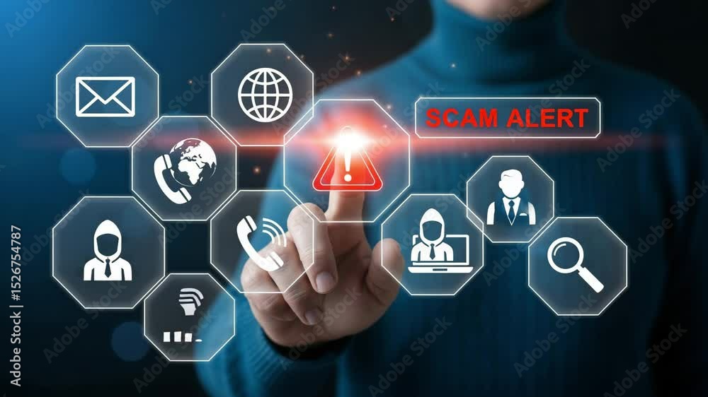 A person touching a digital screen with scam alert, email, and phone icons on a dark blue background
