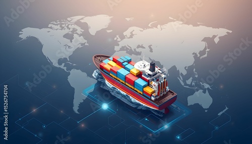 Global Cargo Shipping Container Ship on World Map, Isometric Illustration