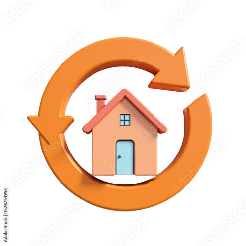 Modern 3D house icon with circular arrows.  Ideal for websites, apps, and marketing materials related to real estate, construction, or home improvement. Perfect for illustrating cyclical processes.