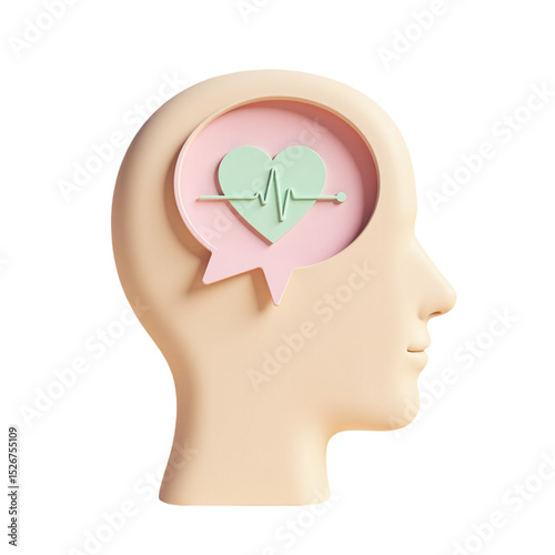 3D pastel head with heart and heartbeat.  Clean, modern design perfect for health, wellness, or mental health projects. Ideal for websites, presentations, and social media.