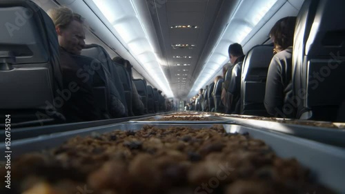 An airplane interior shows passengers seated with trays of food for an in-flight meal service.