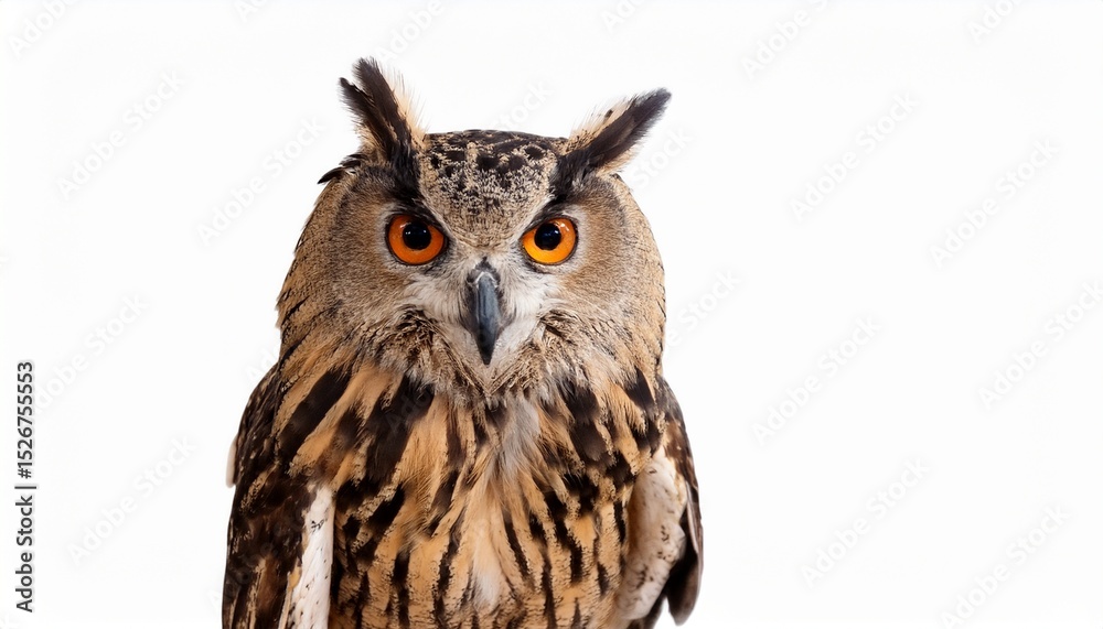 Fototapeta premium Majestic Eurasian Eagle Owl Portrait Stunning Orange Eyes, Brown Feathers
