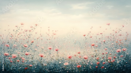 A field of delicate wildflowers in soft pastel colors.