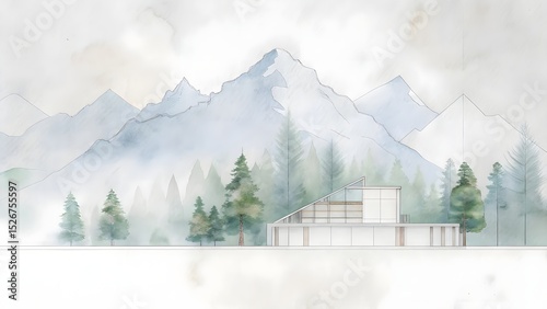 Architectural Drawings, Minimalist style CAD tree line drawing, Side view, set of sectional mountain forest outline symbol for landscape design drawing. Vector illustration with stroke fill in white
