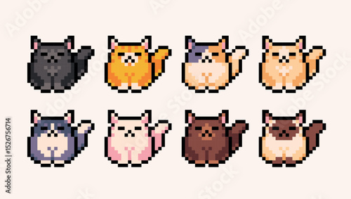 Different colors cats pixel art icon set. Kitty breeds logo collection. 8-bit sprite. Game development, mobile app. Isolated vector illustration.	
