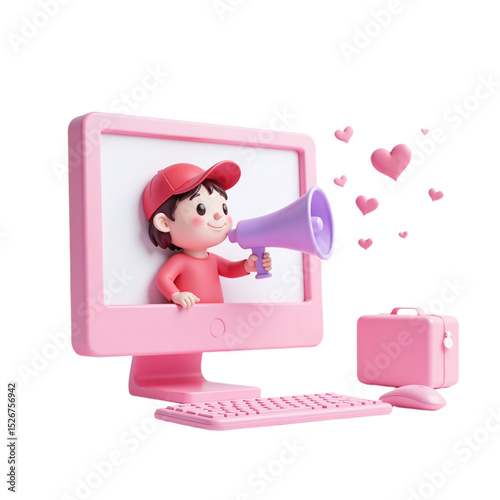 Cute 3D cartoon boy on pink computer announces good news. Perfect for websites, social media, marketing, and advertising. Ideal for kids, technology, and positive messaging.