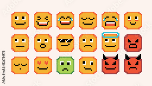 Emoji pixel art set. Smile faces collection. Facial expressions, reactions 8 bit sprite. Game development, mobile app. Isolated vector illustration.	
