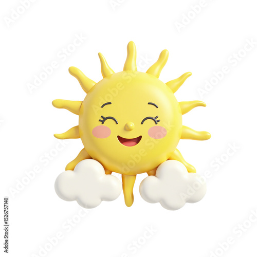 Cute 3D cartoon sun with clouds.  Joyful, cheerful, summery style. Perfect for kids, websites, and social media. Ideal for commercial use.