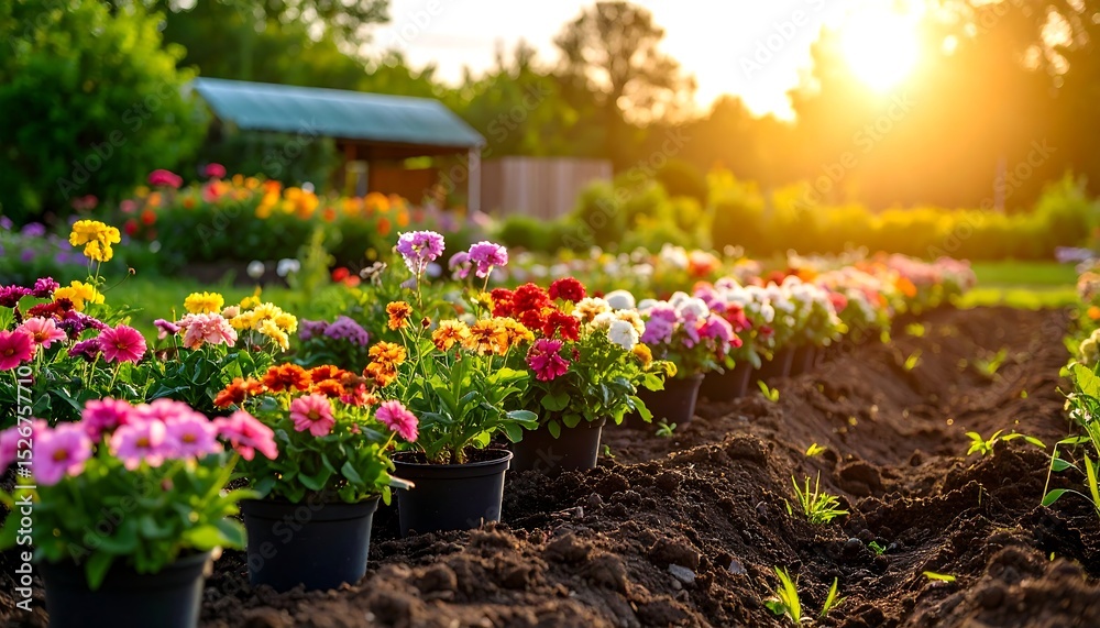 Fototapeta premium Sunset garden flowers planting.