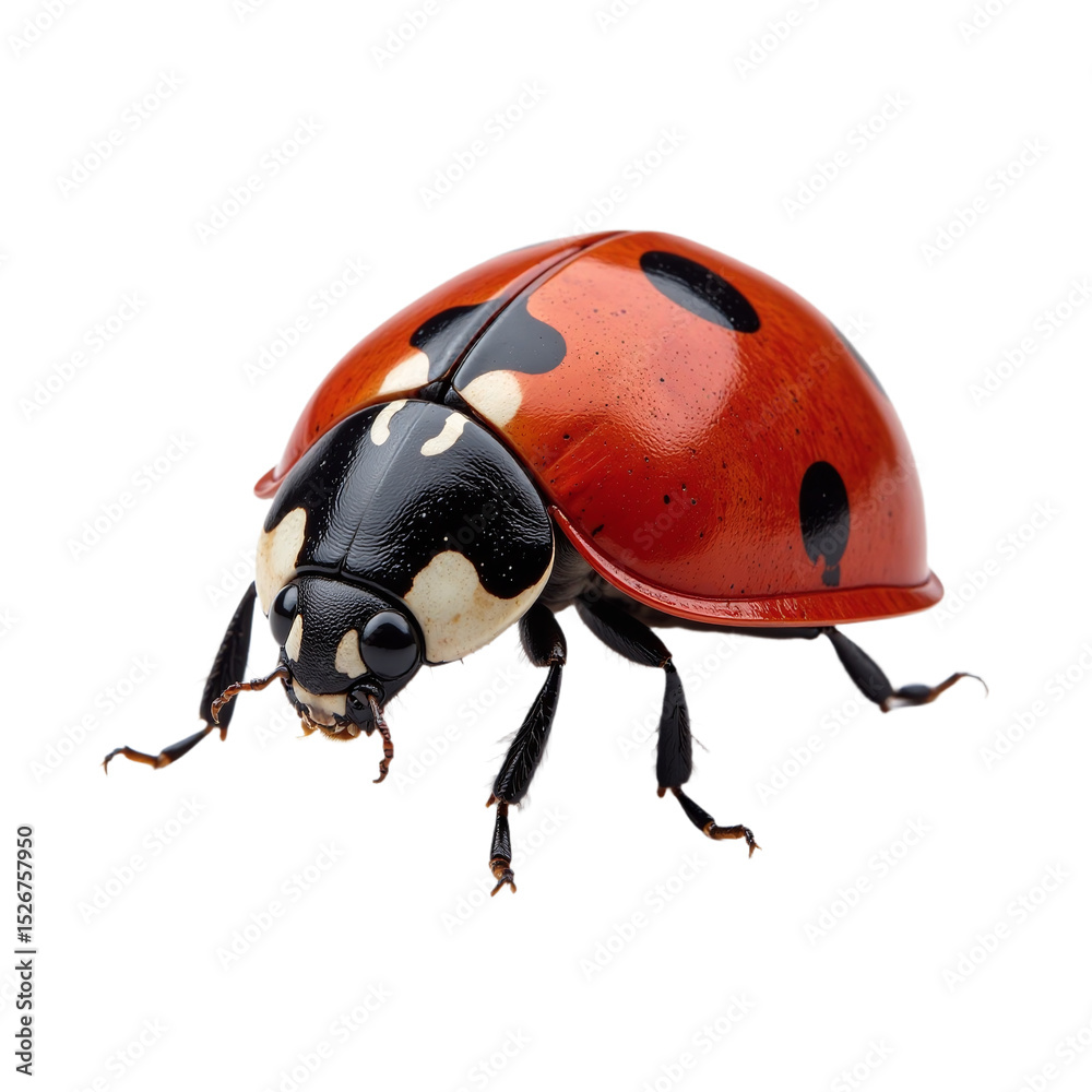 Naklejka premium Close-up of a ladybug on a black background. Vibrant red and black. Ideal for nature, wildlife, and educational projects. Perfect for websites, print, and social media.