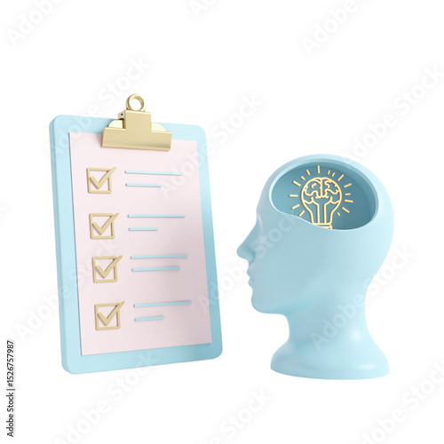 3D render of a checklist and a head with a lightbulb, symbolizing ideas and planning. Pastel colors, modern style. Ideal for business, websites, and presentations.