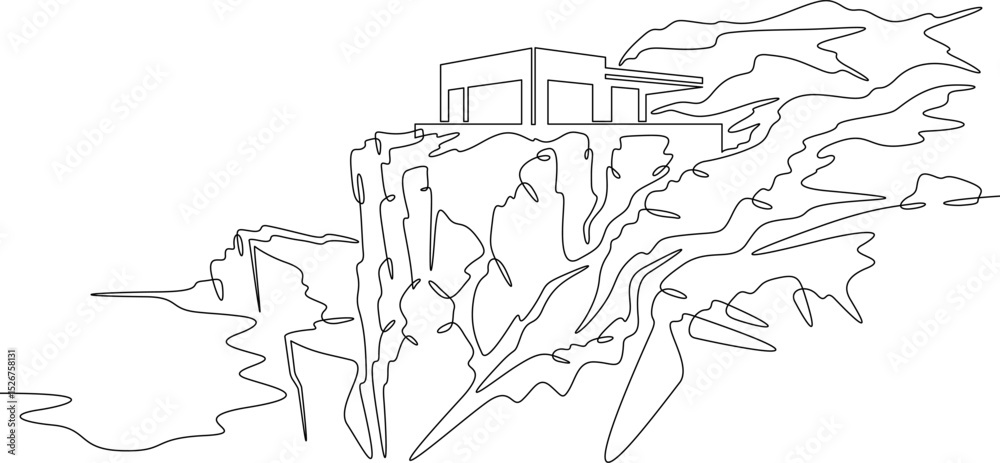 Fototapeta premium Continuous one line drawing Modern house on a cliff.House on the shore.Seascape.Rocky coast.One continuous line isolated minimal illustration.Not AI.