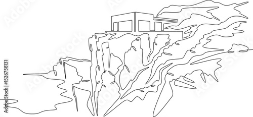 Continuous one line drawing Modern house on a cliff.House on the shore.Seascape.Rocky coast.One continuous line isolated minimal illustration.Not AI.