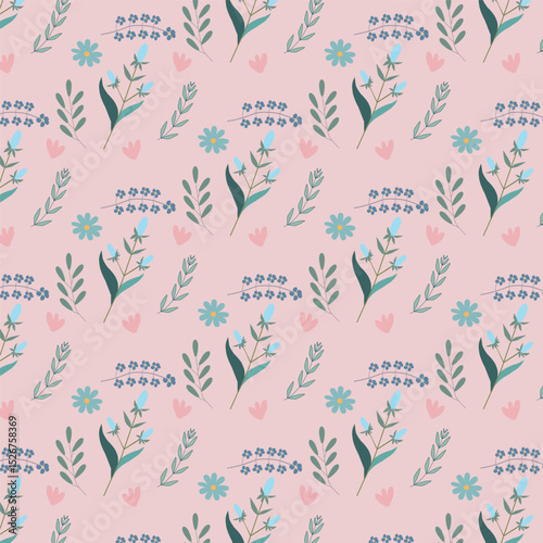 Seamless pattern with meadow flowers on pale pink background field flowers pattern.