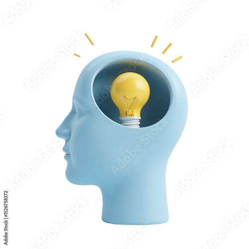 3D rendering of a head with a lightbulb inside.  Illustrates creativity, innovation, and new ideas. Perfect for websites, presentations, and marketing materials.