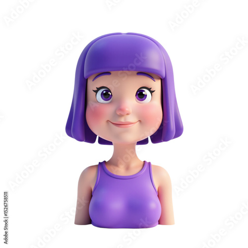 Cheerful 3D cartoon girl, purple hair and dress.  Perfect for websites, apps, kids' content, and social media. Ideal for branding and marketing.