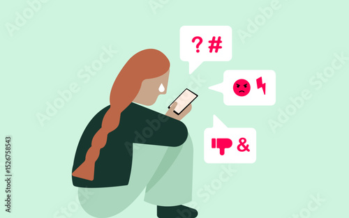 Illustration of woman sitting and scrolling smartphone, speech bubbles showcasing social media negative comments