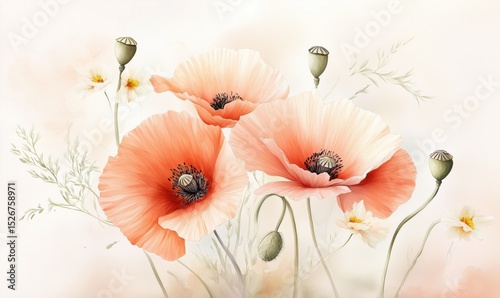 Soft Orange and Pink Poppies with Greenery in Watercolor Style
