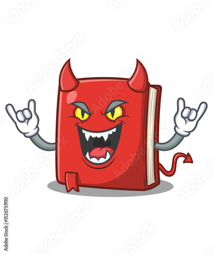 Devilish Red Book Cartoon Character with Horns and Rock and Roll Hand Gesture
