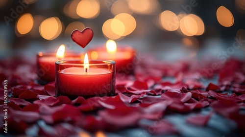 Romantic candlelight scene with red rose petals and a floating heart.