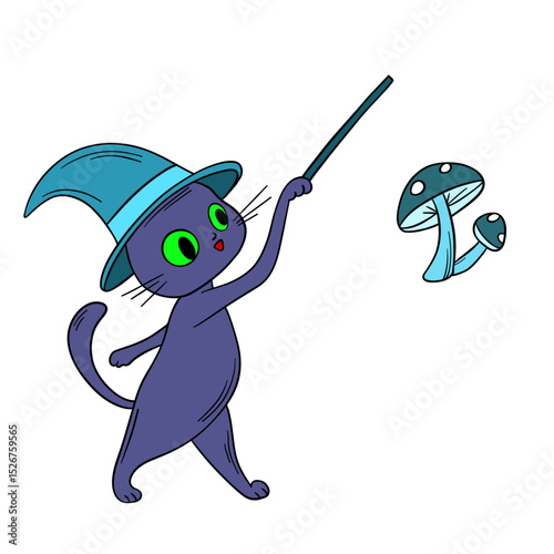 Hand-drawn Halloween cute with green magic eyes black kitty cat with magic hat and stick doing magic with fly mushroom. Fantasy and mystical fairytale. Treats or tricks