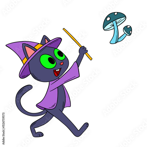 Hand-drawn Halloween cute with green magic eyes black kitty cat with magic hat and stick doing magic with fly mushroom. Fantasy and mystical fairytale. Treats or tricks